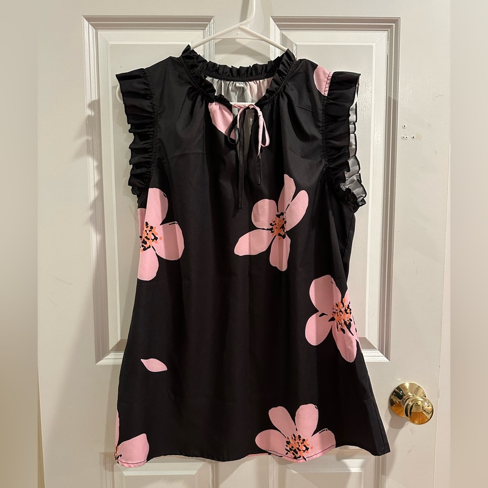 Kate Spade Grand Flora Black/Pink Tie Neck Shell, Size L